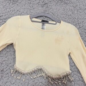 Zara Cream Crop Top with Pearl Fringe